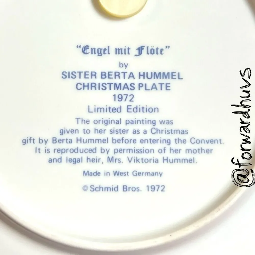 1972 Schmid “Engel mit Flöte” Christmas Plate – Berta Hummel – No Box